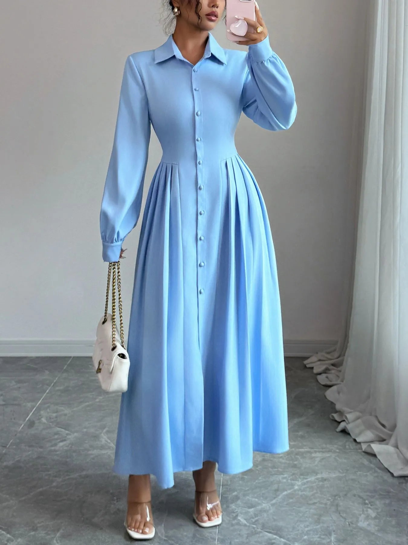 button up maxi shirt dress Linen Three Quarter Sleeve Maxi Shirt Dress - White