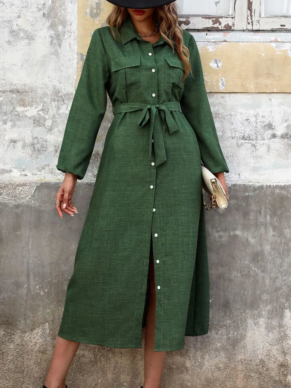 white christmas dresses Perfee Collared Neck Long Sleeve Midi Shirt Dress – The Hyper Culture