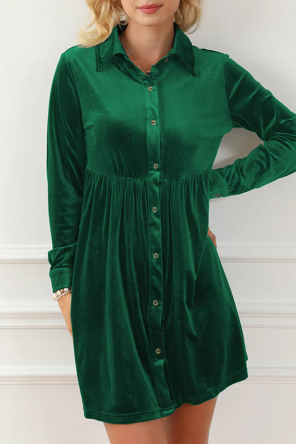 long sleeve ruched button up dress Rihoas Vintage Button-Front Coat Dress