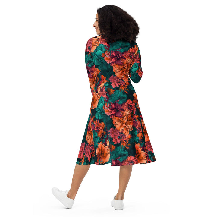 [Floral Bloom] Emerald Bliss Long Sleeve Midi Dress Dress The Hyper Culture