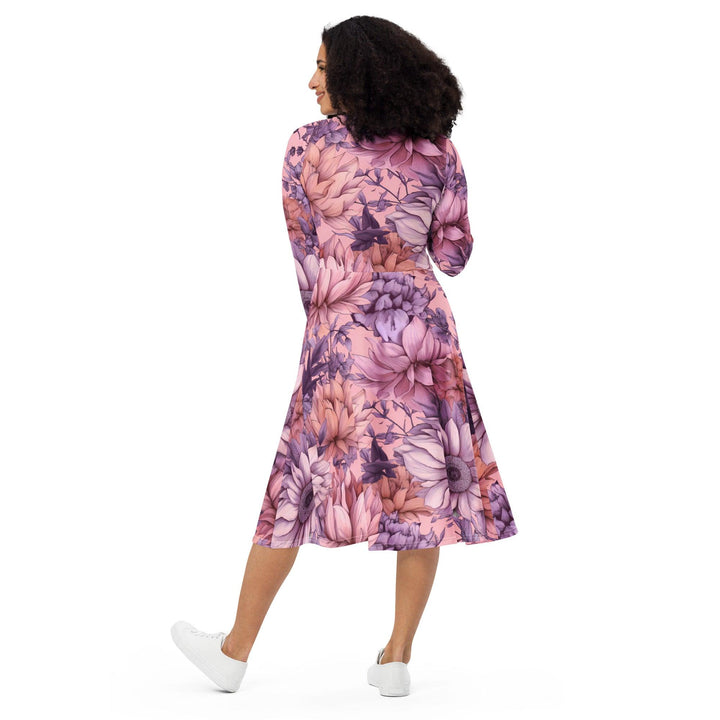 [Floral Bloom] Pink Bliss Long Sleeve Midi Dress Dress The Hyper Culture