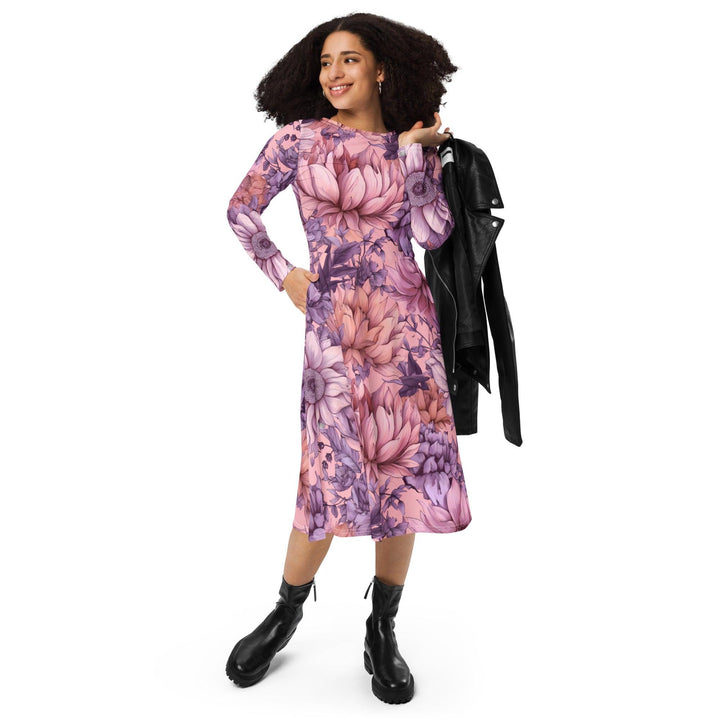 [Floral Bloom] Pink Bliss Long Sleeve Midi Dress Dress The Hyper Culture