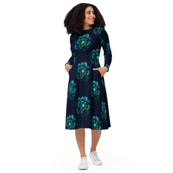 [Floral Bloom] Neon Flora Long Sleeve Midi Dress Dress The Hyper Culture