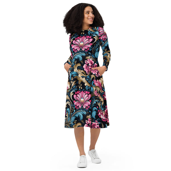 [Floral Bloom] Royal Flora Long Sleeve Midi Dress Dress The Hyper Culture