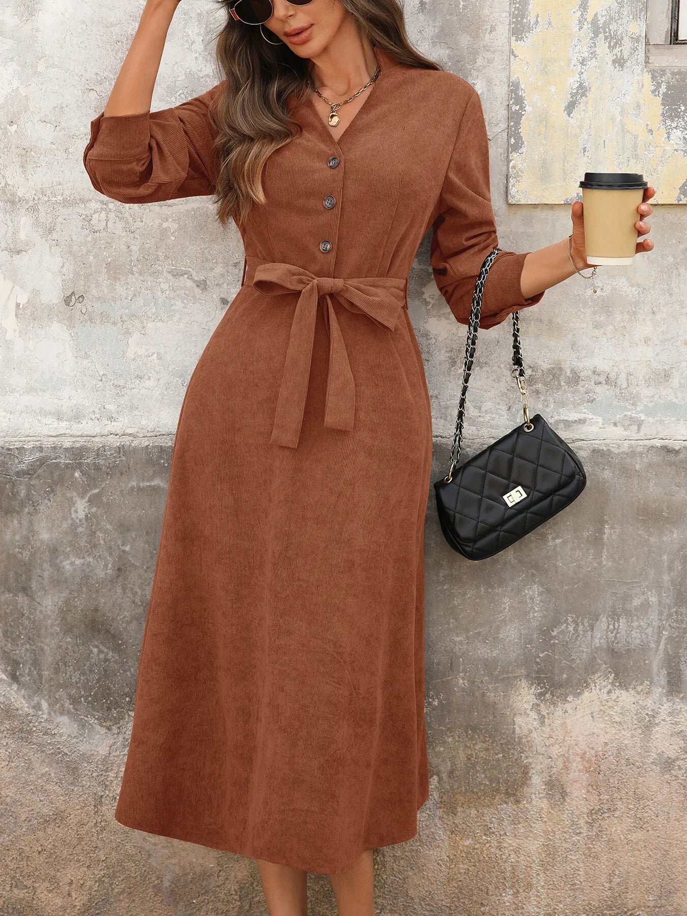 long sleeve button front midi dress Vivianne Button Front Midi Dress A-Line Long Sleeve