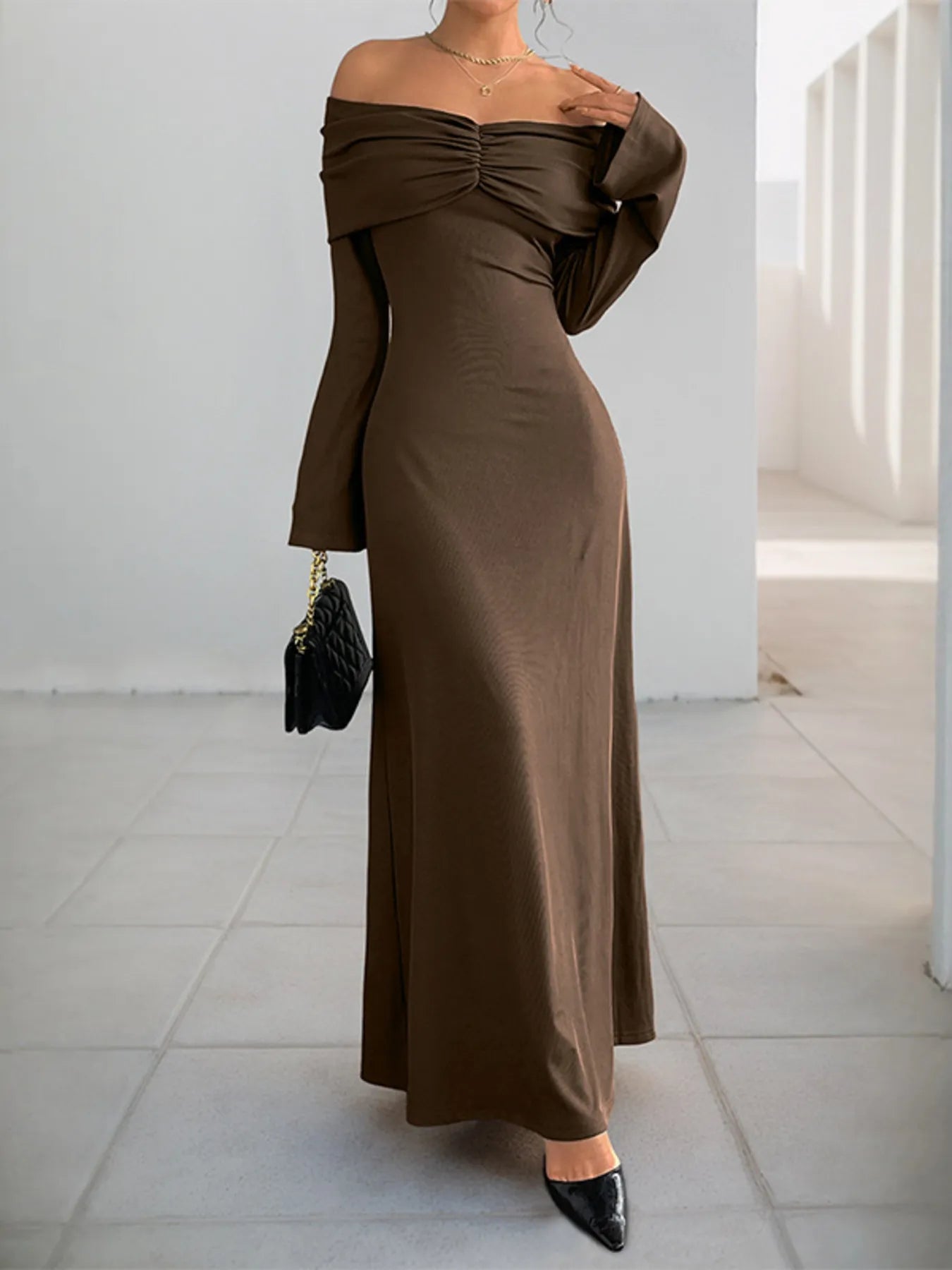 off the shoulder long sleeve bodycon dress Off-Shoulder Long Sleeve Bodycon Maxi Dress – The Hyper Culture