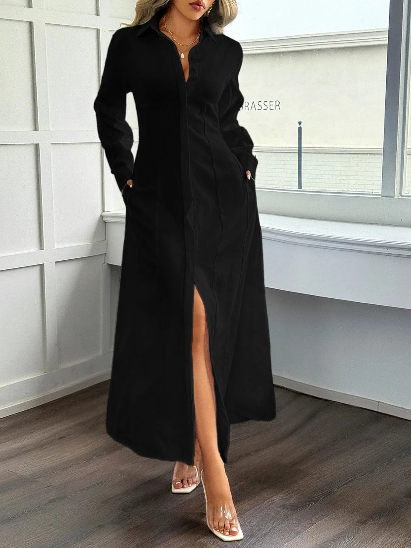 long black shirt dress Slit Long Sleeve Maxi Shirt Dress – The Hyper Culture