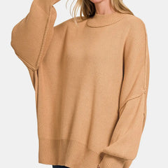 Zenana Camel Side Slit Oversized Sweater for Women | The