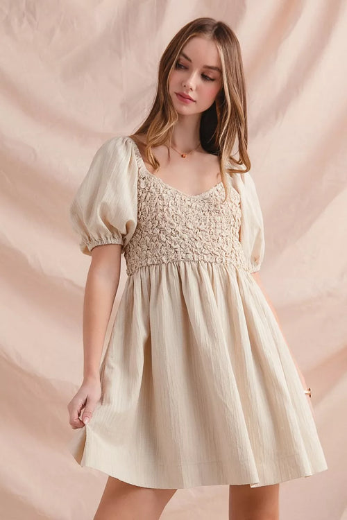 beige dress puff sleeve Joseph Ribkoff Beige/Gold Metallic Cutout Puff Sleeve Dress 243760 —  AfterRetail main image 1