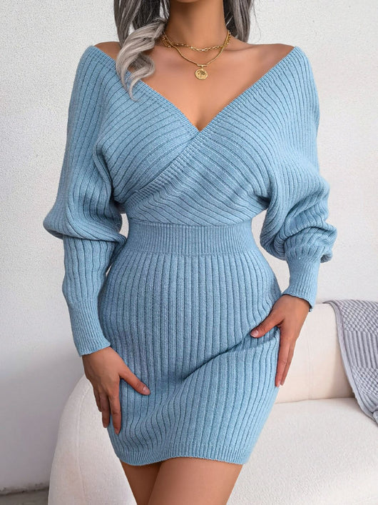 dolman ribbed mini sweater dress Grey Collared Dolman Sleeve Mini Sweater Dress | Cozy Chic Style