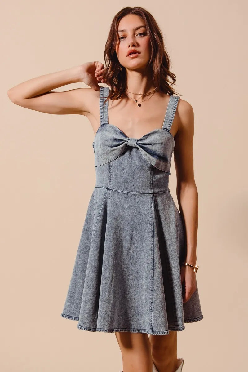 SO ME Mineral Washed Bow Ribbon Denim Flare Mini Dress