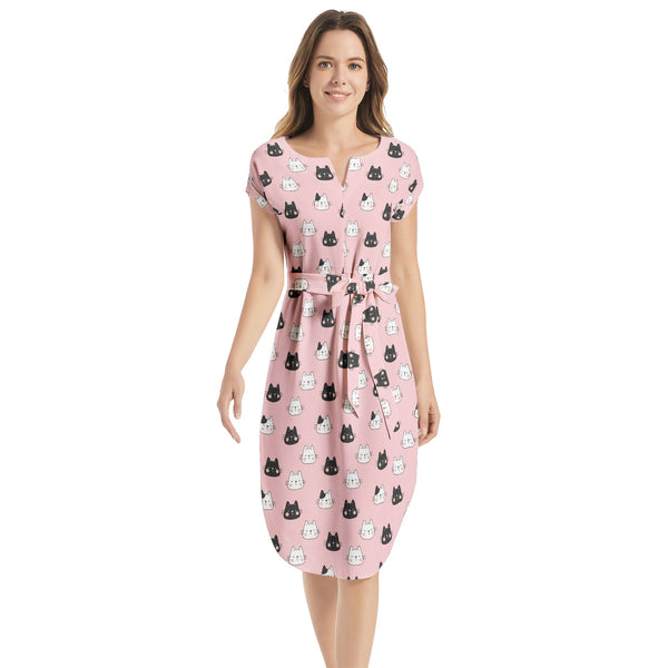[Pop Toon] Purrfect Pals Notched Neck Belted Dress
