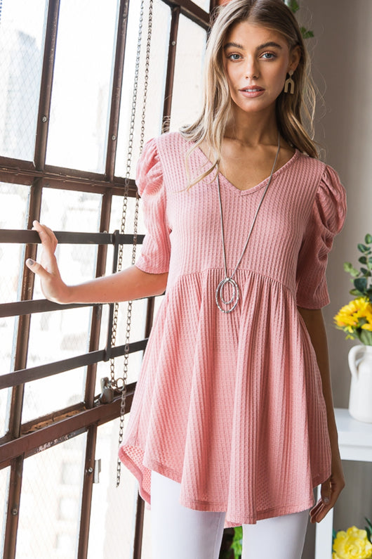 Heimish Full Size Waffle Knit V-Neck Babydoll Top The Hyper Culture Heimish Full Size Waffle Knit V-Neck Babydoll Top The Hyper Culture