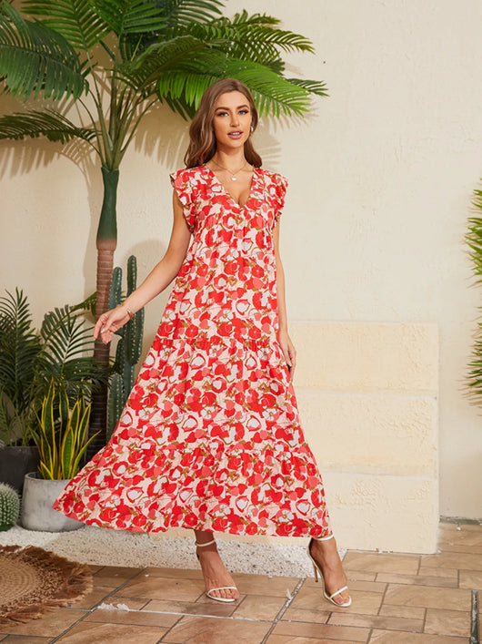 capped sleeve summer dress Shift JOAU Women's Layered Ruffle Cap Mini Dress Long Modest Print Short Cap