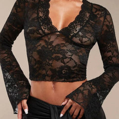 V-Neck Flare Sleeve Lace Top – Black and White | The Hyper