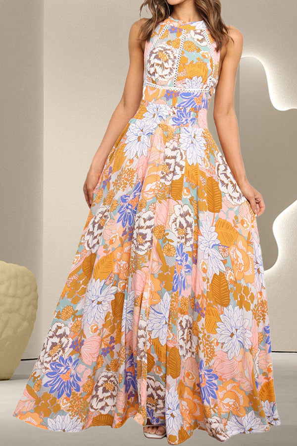 Floral Tied Printed Grecian Sleeveless Maxi Dress Halter Neck