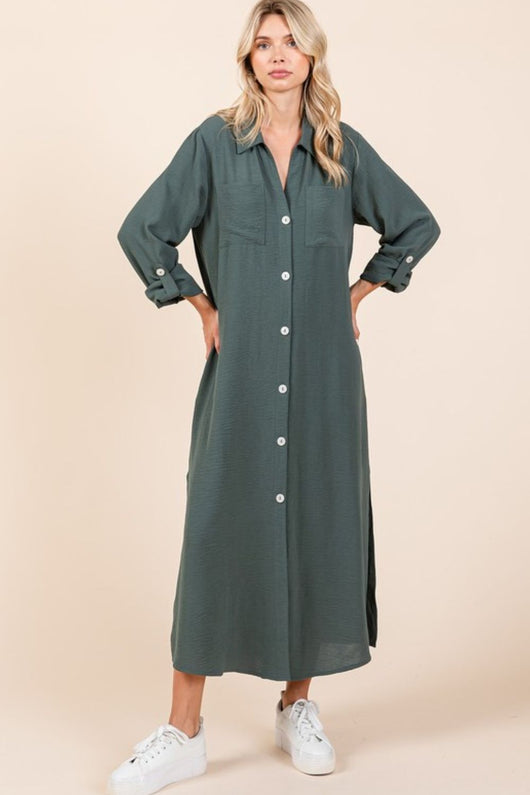 mittoshop long sleeve dress Mittoshop Airflow V-Neck Long Sleeve Button Down Maxi Dress The Hyper Culture