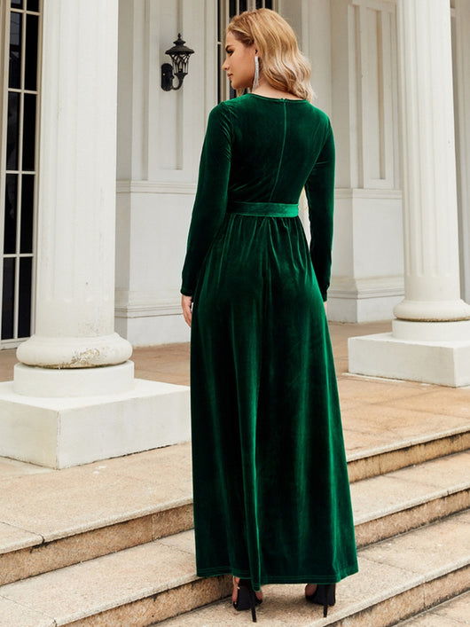 Emerald Green Tie-Front Long Sleeve Maxi Dress - back view