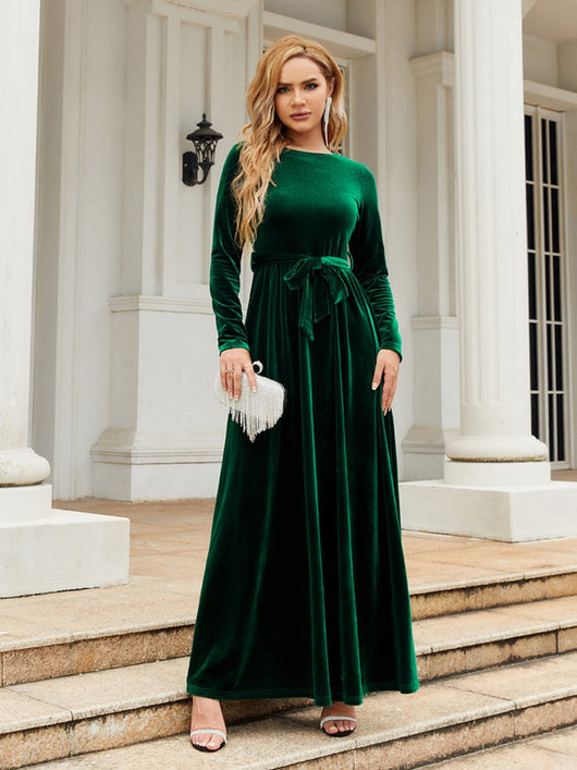 Emerald Green Tie-Front Long Sleeve Maxi Dress - front view
