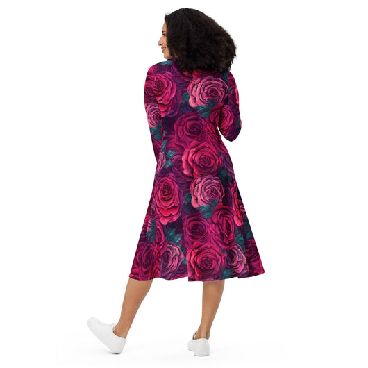 [Floral Bloom] Rose Long Sleeve Midi Dress Dress The Hyper Culture
