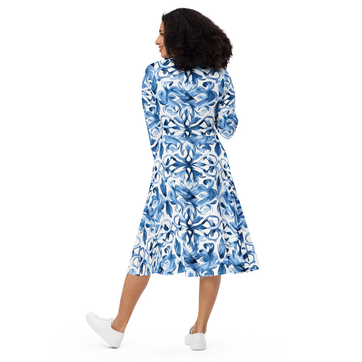 [Luxe Chic] Tapestry Blue Long Sleeve Midi Dress Dress The Hyper Culture