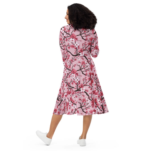 [Floral Bloom] Sakura Strings Long Sleeve Midi Dress Dress The Hyper Culture