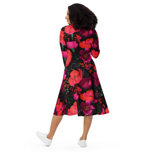 [Floral Bloom] Night Flora Long Sleeve Midi Dress Dress The Hyper Culture