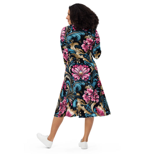 [Floral Bloom] Royal Flora Long Sleeve Midi Dress Dress The Hyper Culture