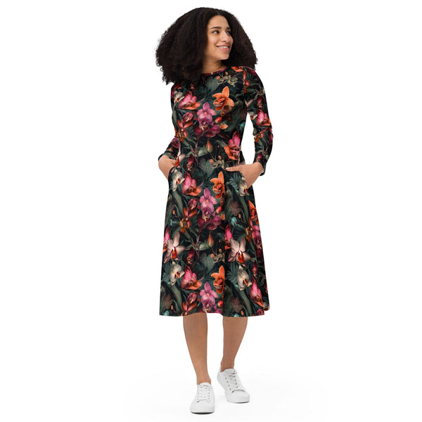 [Floral Bloom] Orchid Long Sleeve Midi Dress Dress The Hyper Culture