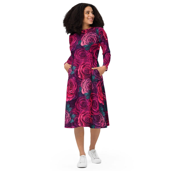 [Floral Bloom] Rose Long Sleeve Midi Dress Dress The Hyper Culture