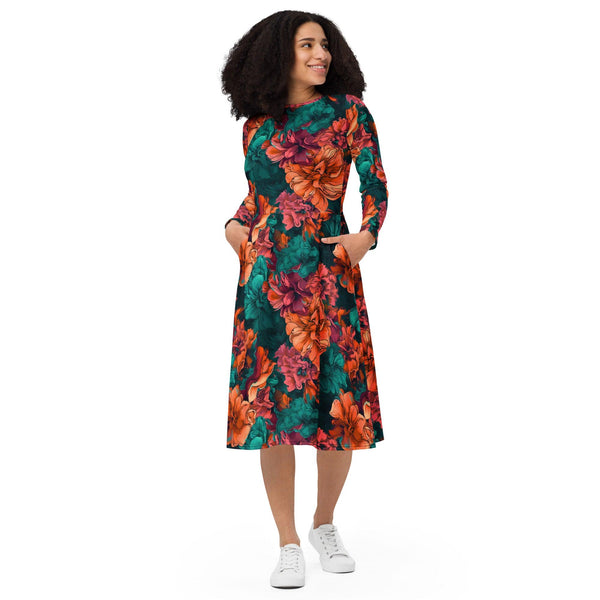 [Floral Bloom] Emerald Bliss Long Sleeve Midi Dress Dress The Hyper Culture