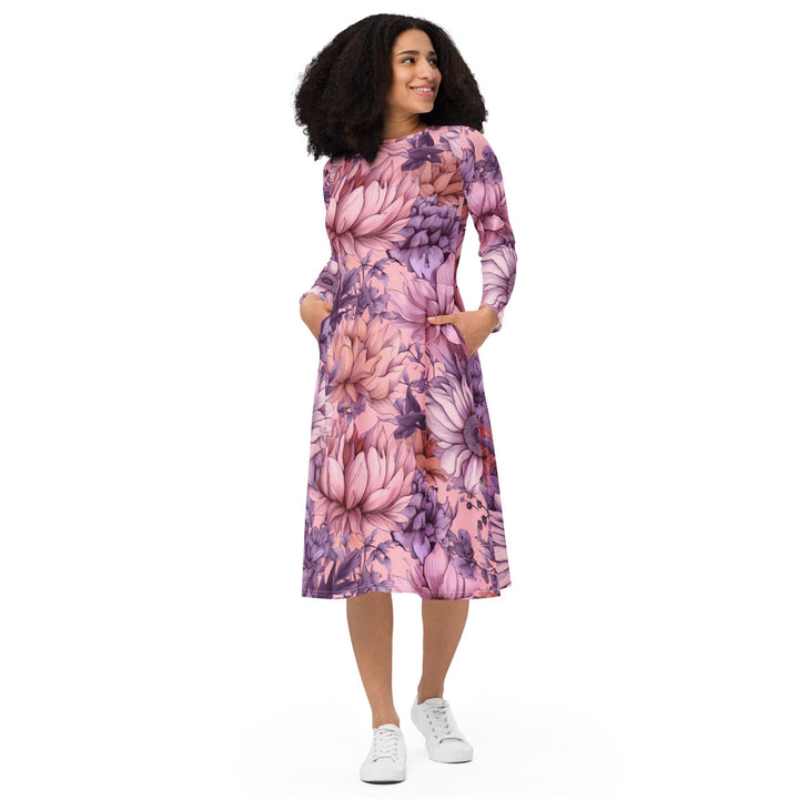 [Floral Bloom] Pink Bliss Long Sleeve Midi Dress Dress The Hyper Culture