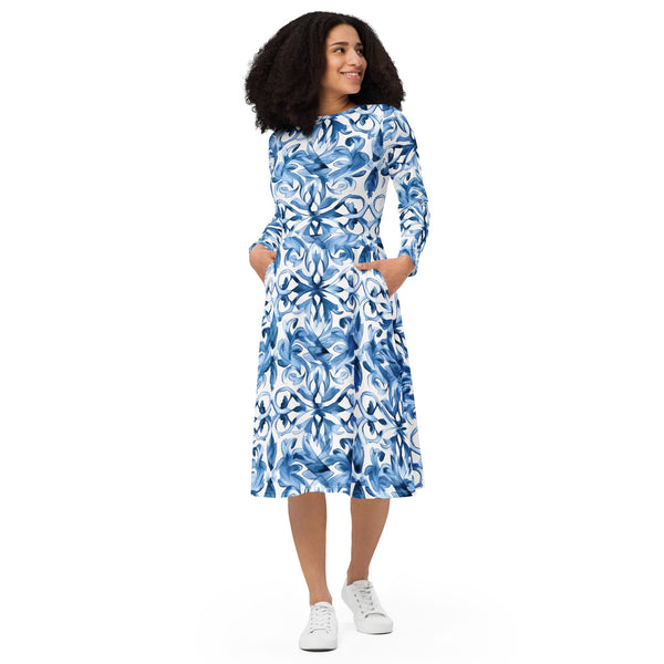 [Luxe Chic] Tapestry Blue Long Sleeve Midi Dress Dress The Hyper Culture