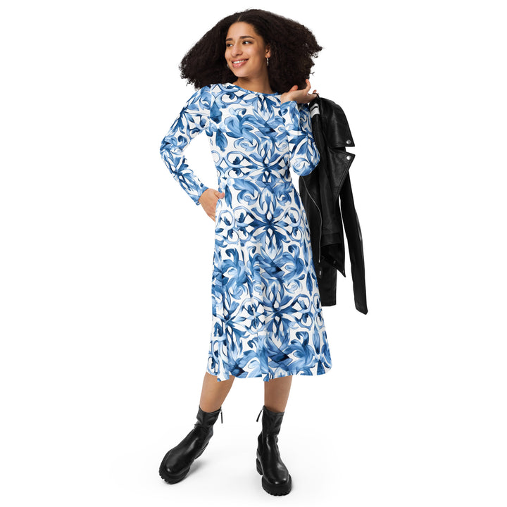 [Luxe Chic] Tapestry Blue Long Sleeve Midi Dress Dress The Hyper Culture