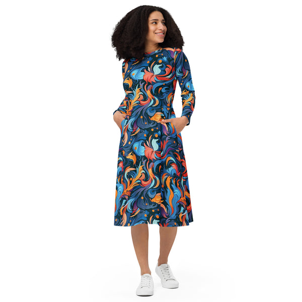 [Luxe Chic] Disco Swirls Long Sleeve Midi Dress Dress The Hyper Culture