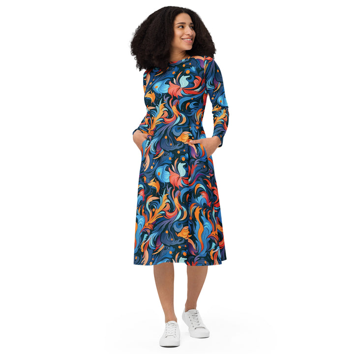 [Luxe Chic] Disco Swirls Long Sleeve Midi Dress Dress The Hyper Culture