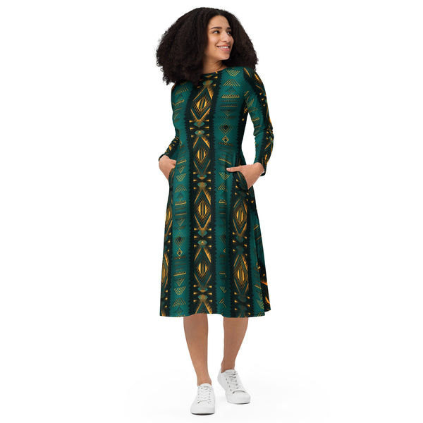 [Luxe Chic] Ethnic Flair Long Sleeve Midi Dress Dress The Hyper Culture