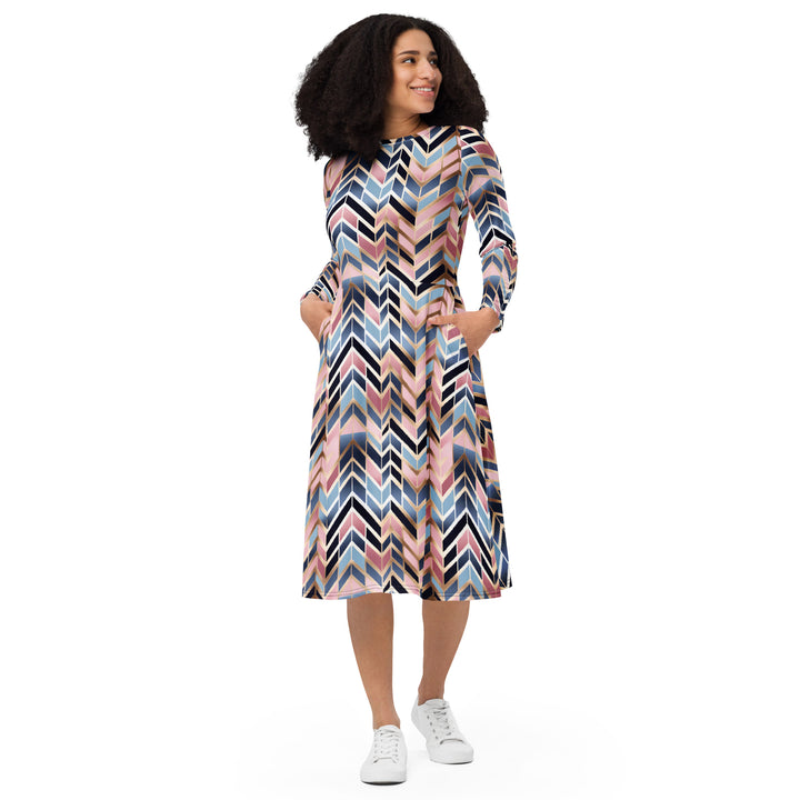 [GeoModa] Glit Fishbone Long Sleeve Midi Dress Dress The Hyper Culture