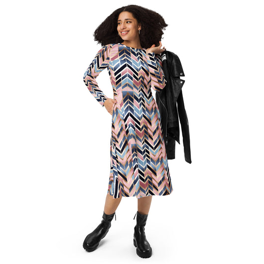 [GeoModa] Glit Fishbone Long Sleeve Midi Dress Dress The Hyper Culture
