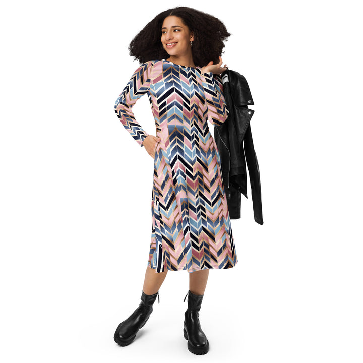 [GeoModa] Glit Fishbone Long Sleeve Midi Dress Dress The Hyper Culture