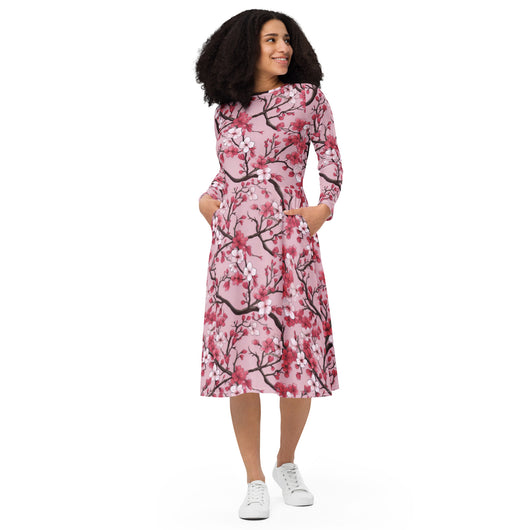 [Floral Bloom] Sakura Strings Long Sleeve Midi Dress Dress The Hyper Culture