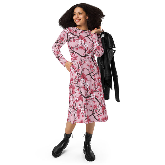 [Floral Bloom] Sakura Strings Long Sleeve Midi Dress Dress The Hyper Culture