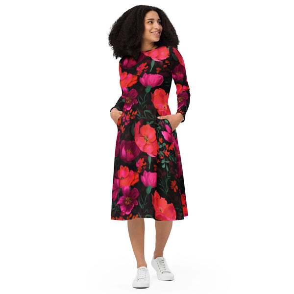 [Floral Bloom] Night Flora Long Sleeve Midi Dress Dress The Hyper Culture