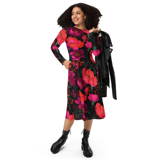 [Floral Bloom] Night Flora Long Sleeve Midi Dress Dress The Hyper Culture