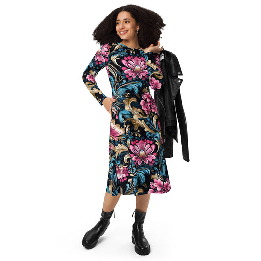 [Floral Bloom] Royal Flora Long Sleeve Midi Dress Dress The Hyper Culture