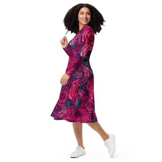 [Floral Bloom] Rose Long Sleeve Midi Dress Dress The Hyper Culture