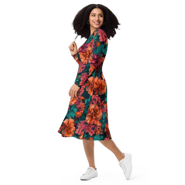 [Floral Bloom] Emerald Bliss Long Sleeve Midi Dress Dress The Hyper Culture