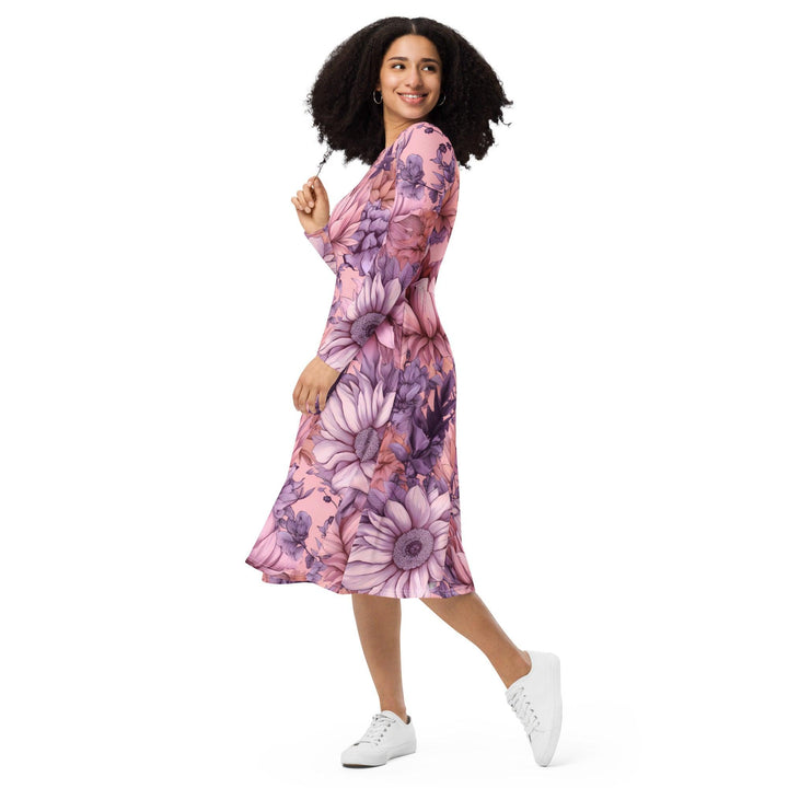 [Floral Bloom] Pink Bliss Long Sleeve Midi Dress Dress The Hyper Culture