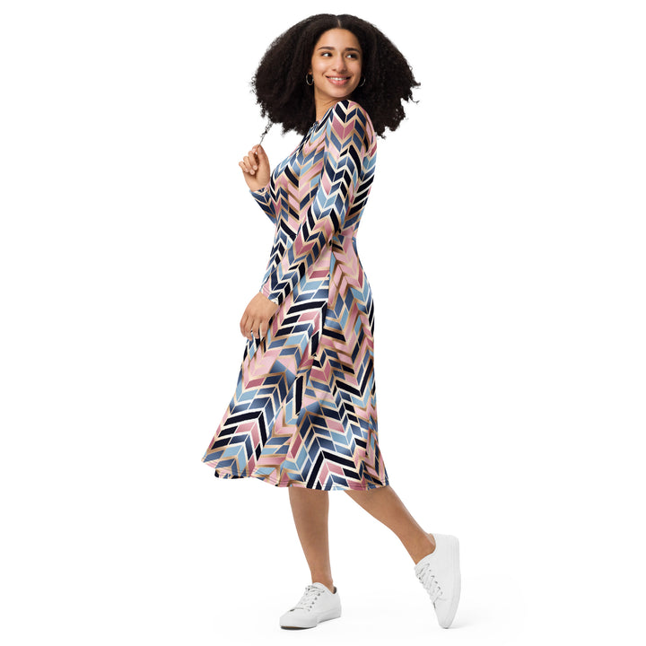 [GeoModa] Glit Fishbone Long Sleeve Midi Dress Dress The Hyper Culture