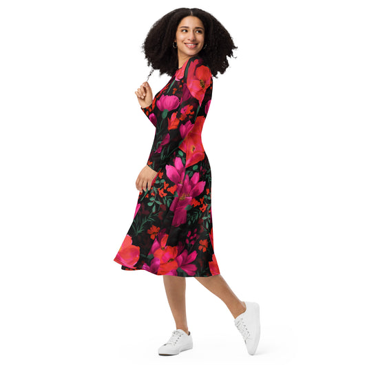 [Floral Bloom] Night Flora Long Sleeve Midi Dress Dress The Hyper Culture